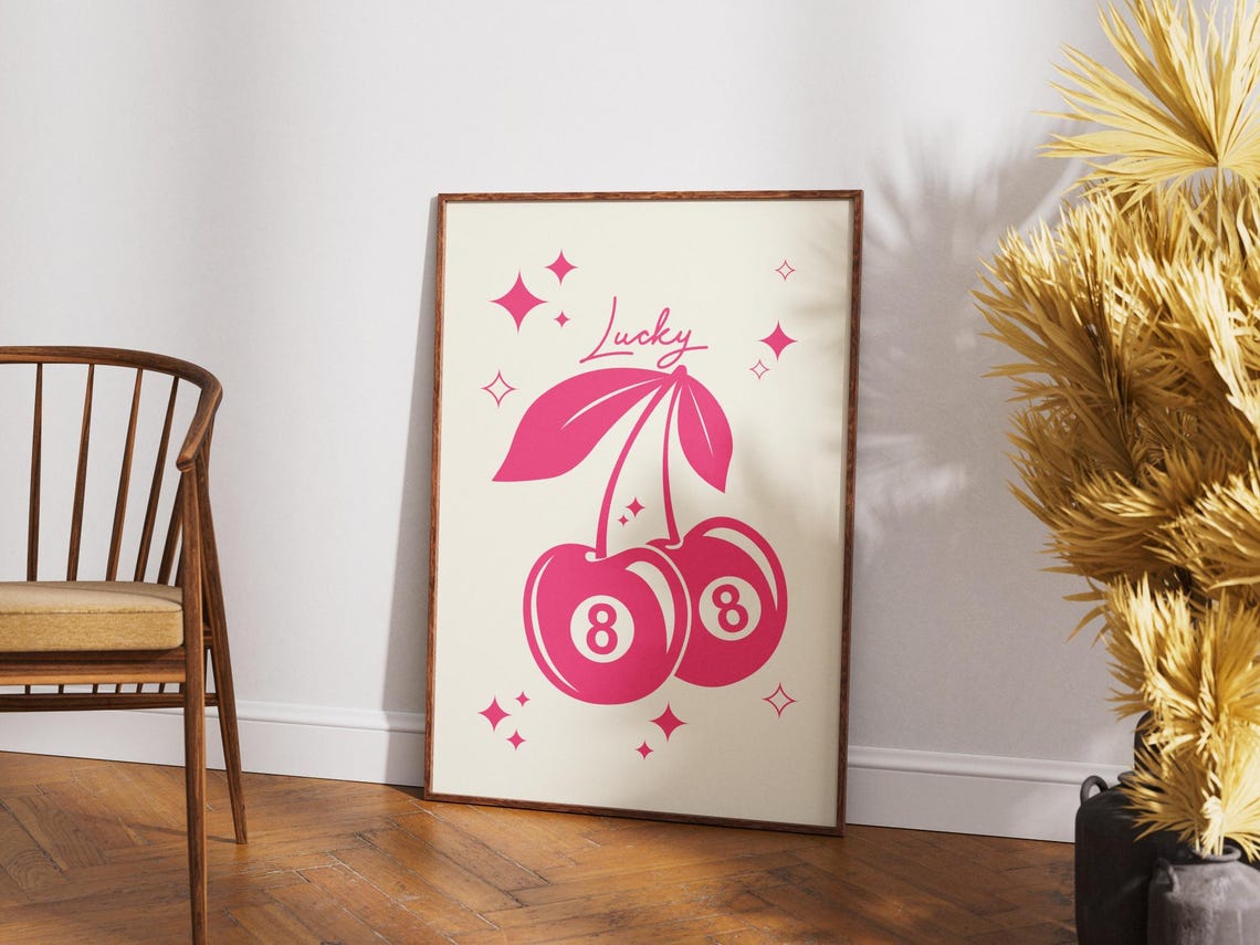 Lucky Magenta 8 Ball Cherries Sparkly Retro Casino Wall Poster - Image 2