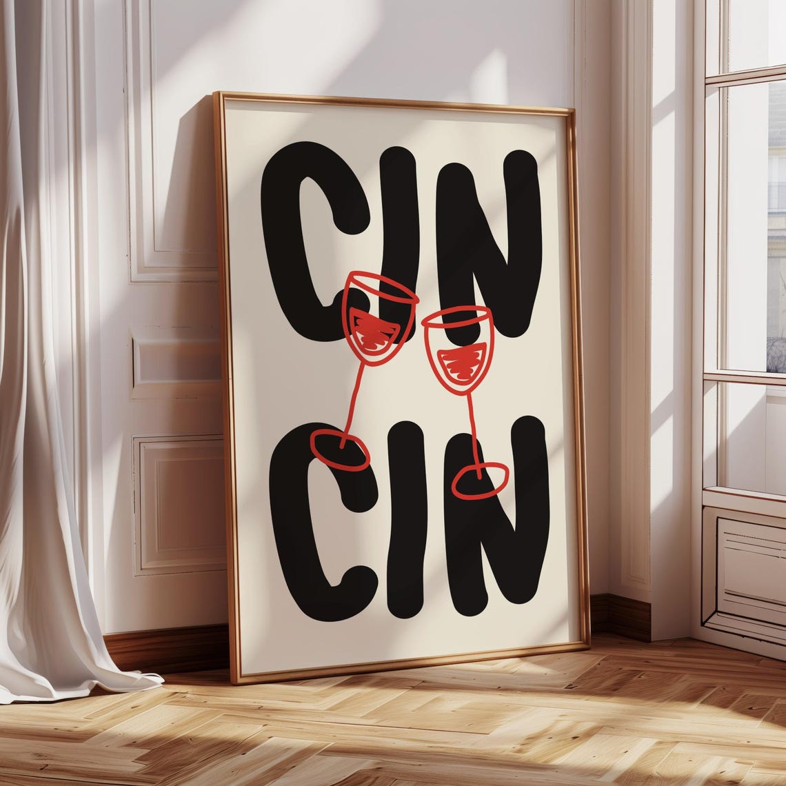Cin Cin Bold Black Letters Red Wine Glasses Bar Cart Wall Poster