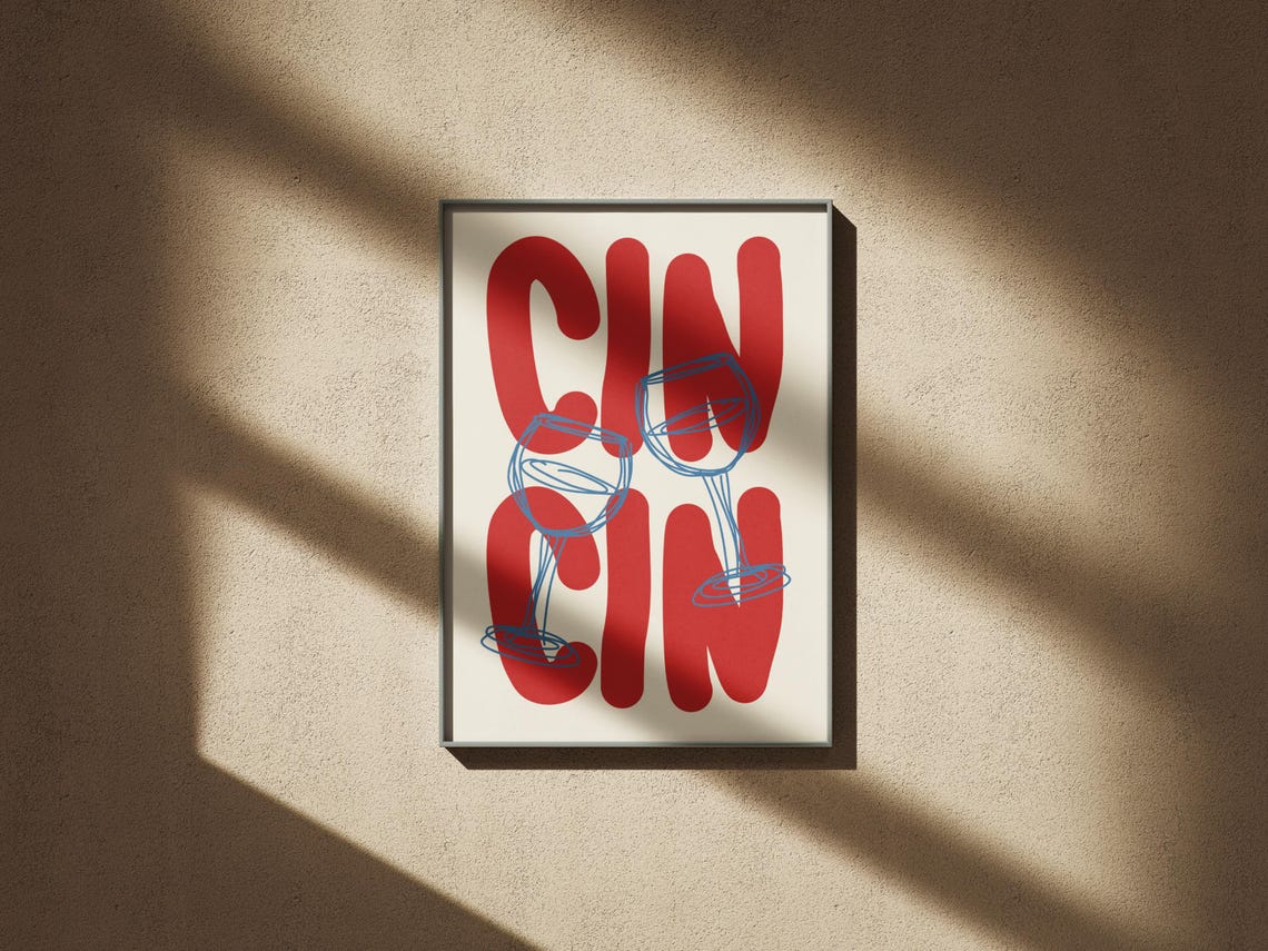 Giant Red Cin Cin Bubble Lettering Blue Wine Glasses Toast Bar Poster - Image 2