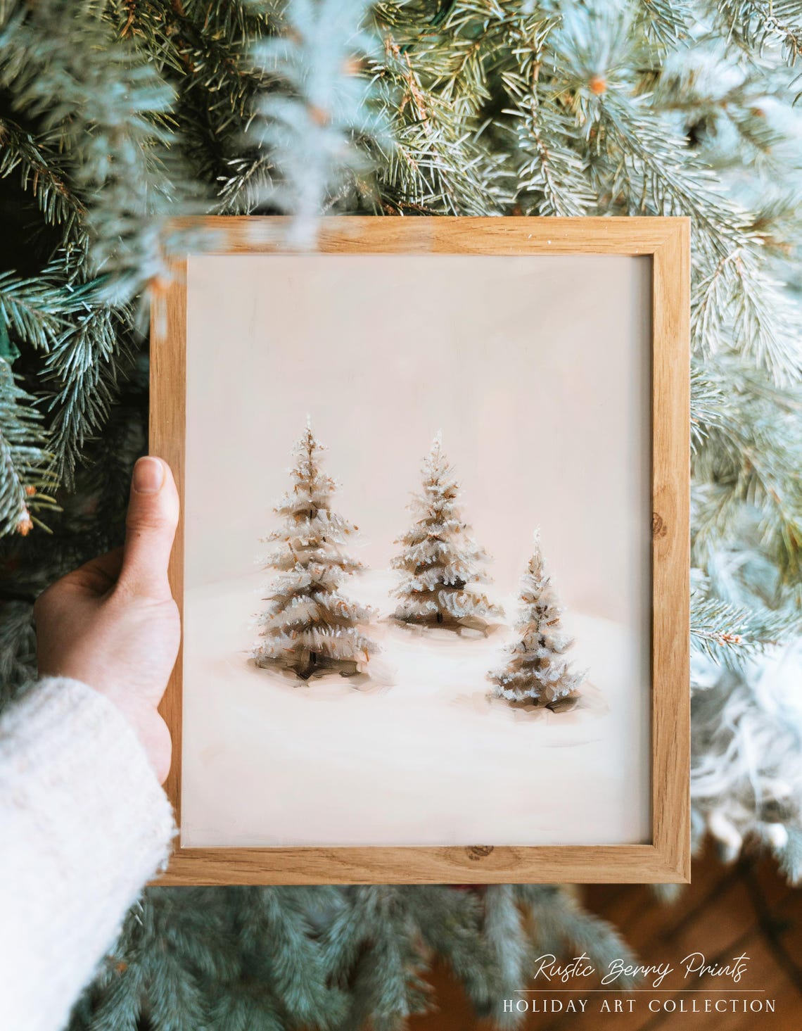 Three Snow Dusted Pine Trees Blush Pink Minimalist Winter Art Poster