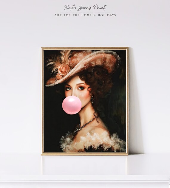 Altered Art Vintage Painting Victorian Portrait Bubble Gum Funny Wall Art Vintage Art Print Instant