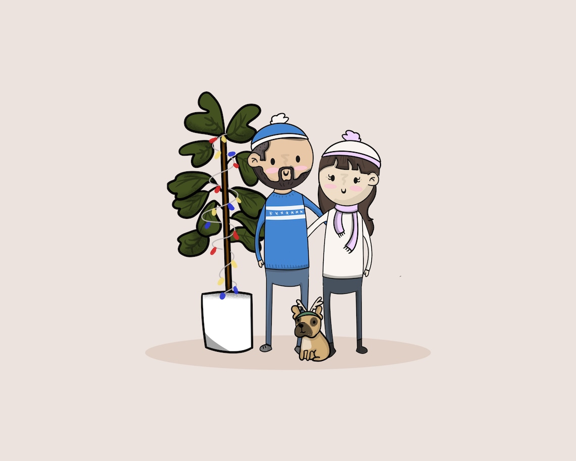 Custom Cartoon Christmas Couple Portrait with Festive Dog Poster