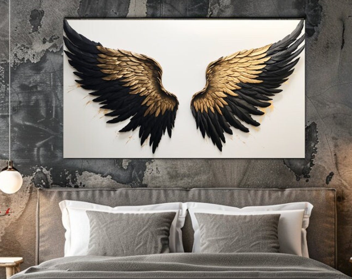 Black Gold Angel Wings Feather Pair Luxury Dramatic Wall Art Poster