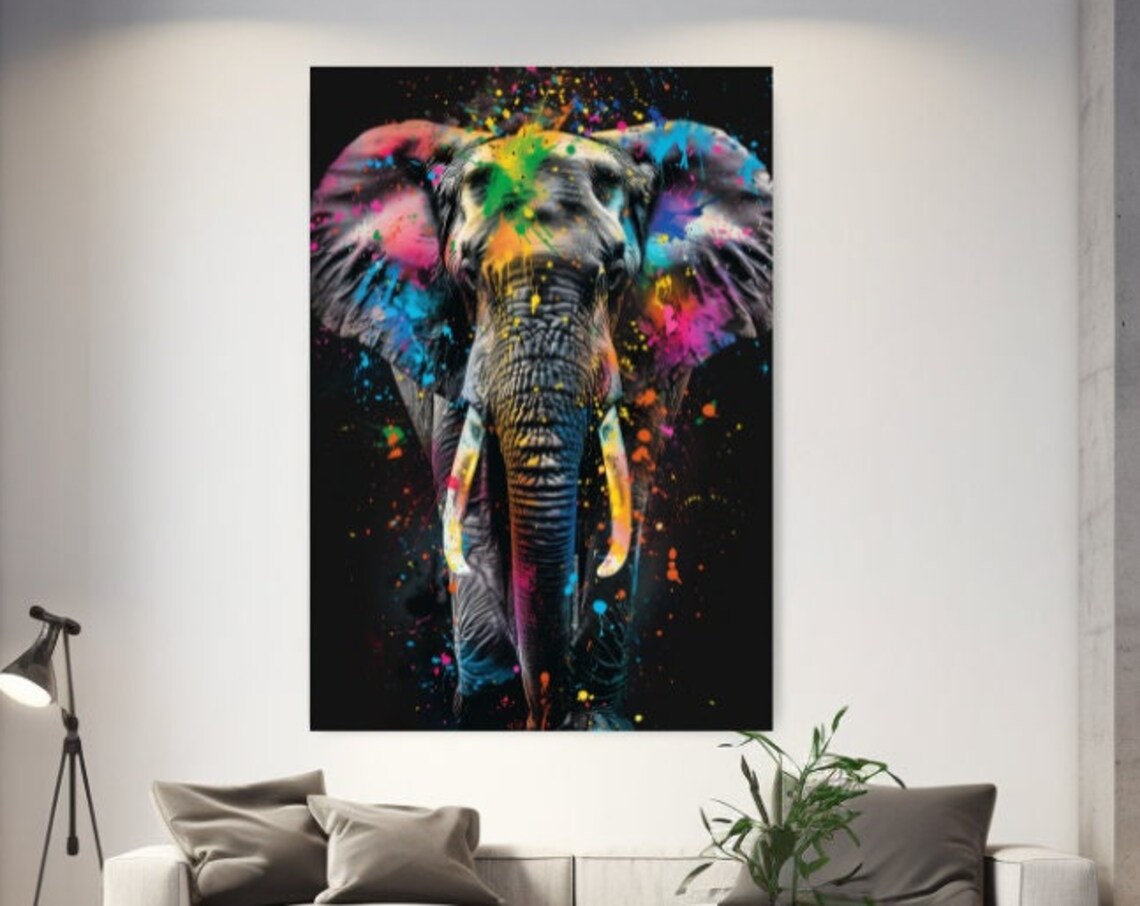 Colorful Elephant Pop Art Paint Splash Black Background Wildlife Poster