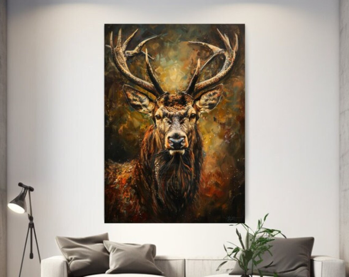 Stag Deer Head Antlers Portrait Painterly Golden Autumn Art Poster