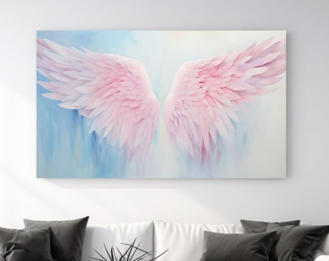 Blush Pink Angel Wings Light Blue Clouds Feather Painting Wall Poster