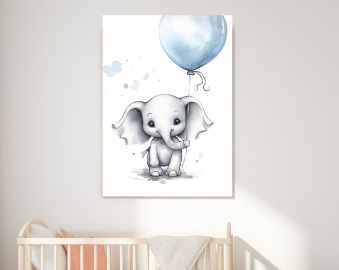 Cute Baby Elephant With Blue Balloon Watercolor Nursery Art Poster