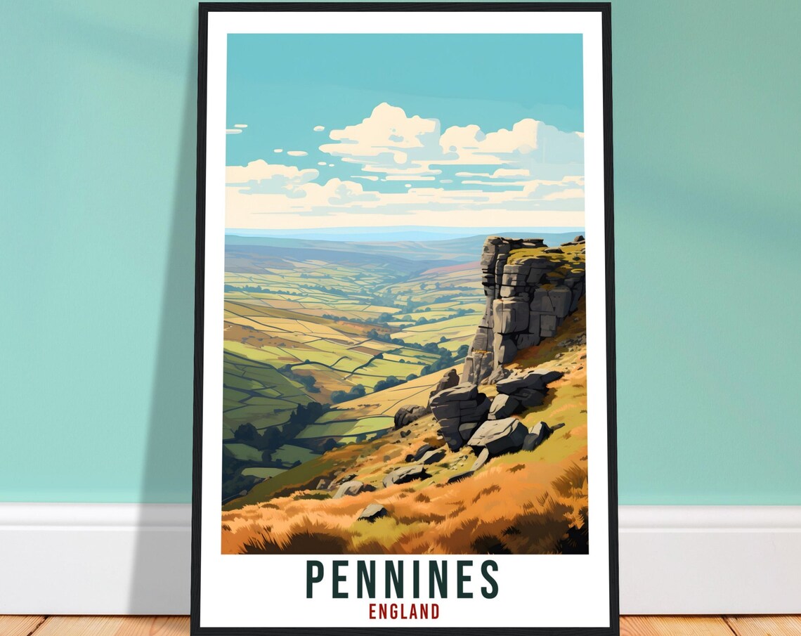 Pennines England Gritstone Crags Rolling Hills View Travel Poster