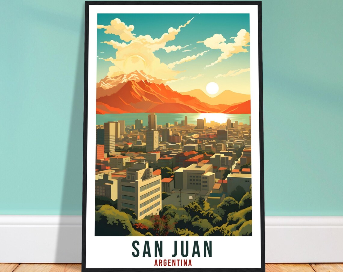 San Juan Argentina City Mountains Lake Sunset Vintage Travel Poster Art