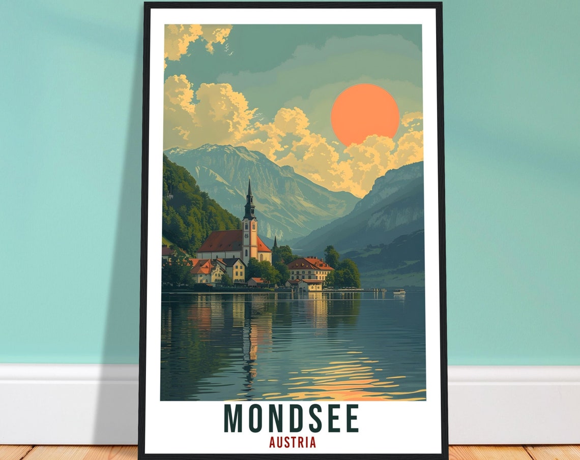 Mondsee Austria Vintage Travel Poster Lakeside Church Sunset View