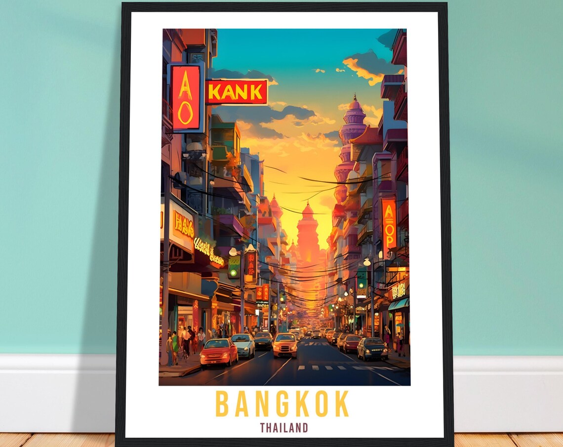 Bangkok Thailand Vibrant Neon Night Street Scene Lights Poster