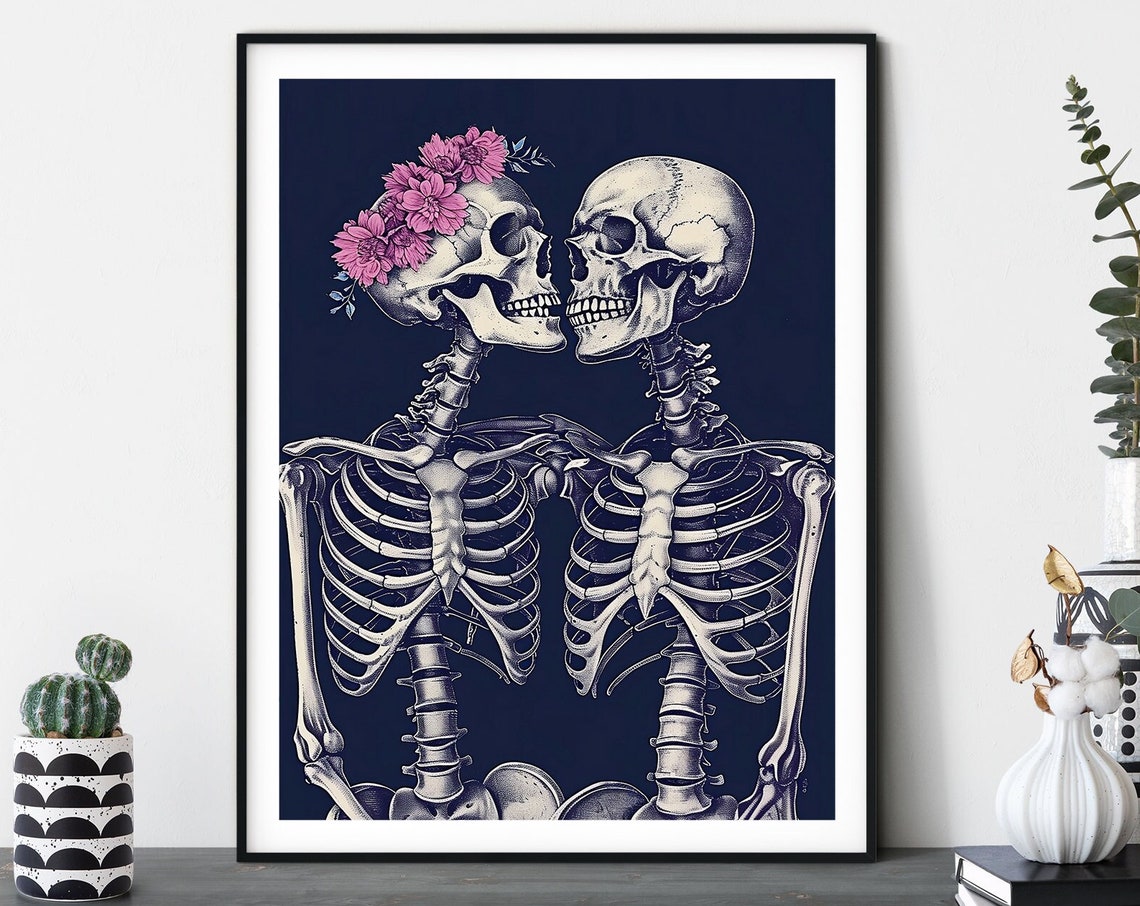 Skeleton Lovers With Pink Flower Crown Dark Gothic Romance Poster