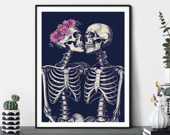 Skeleton Lovers With Pink Flower Crown Dark Gothic Romance Poster