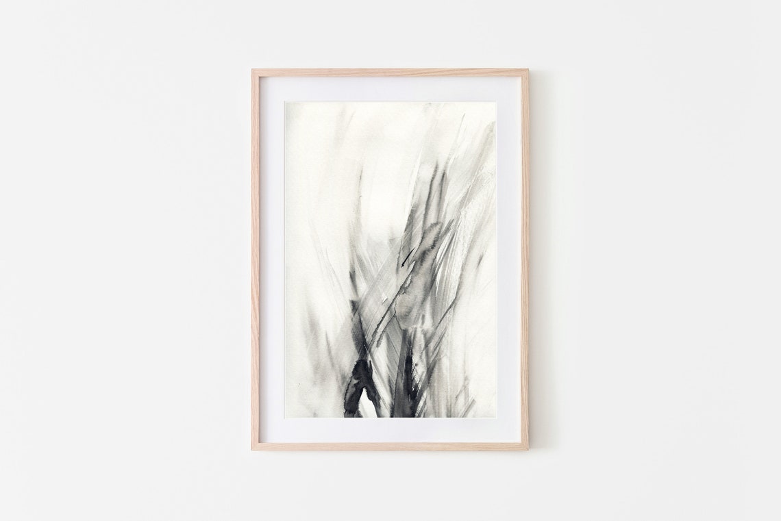 Black White Abstract Watercolor Brush Strokes Minimal Modern Print