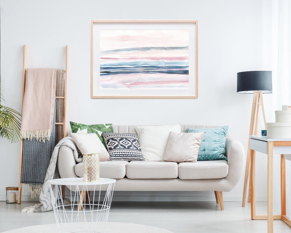 Pink Blue Pastel Striped Watercolor Seascape Horizon Calm Art Print - Image 3