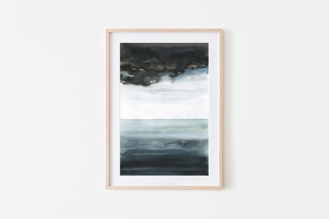 Black Blue Minimal Seascape Watercolor Dark Cloud Ocean Art Print