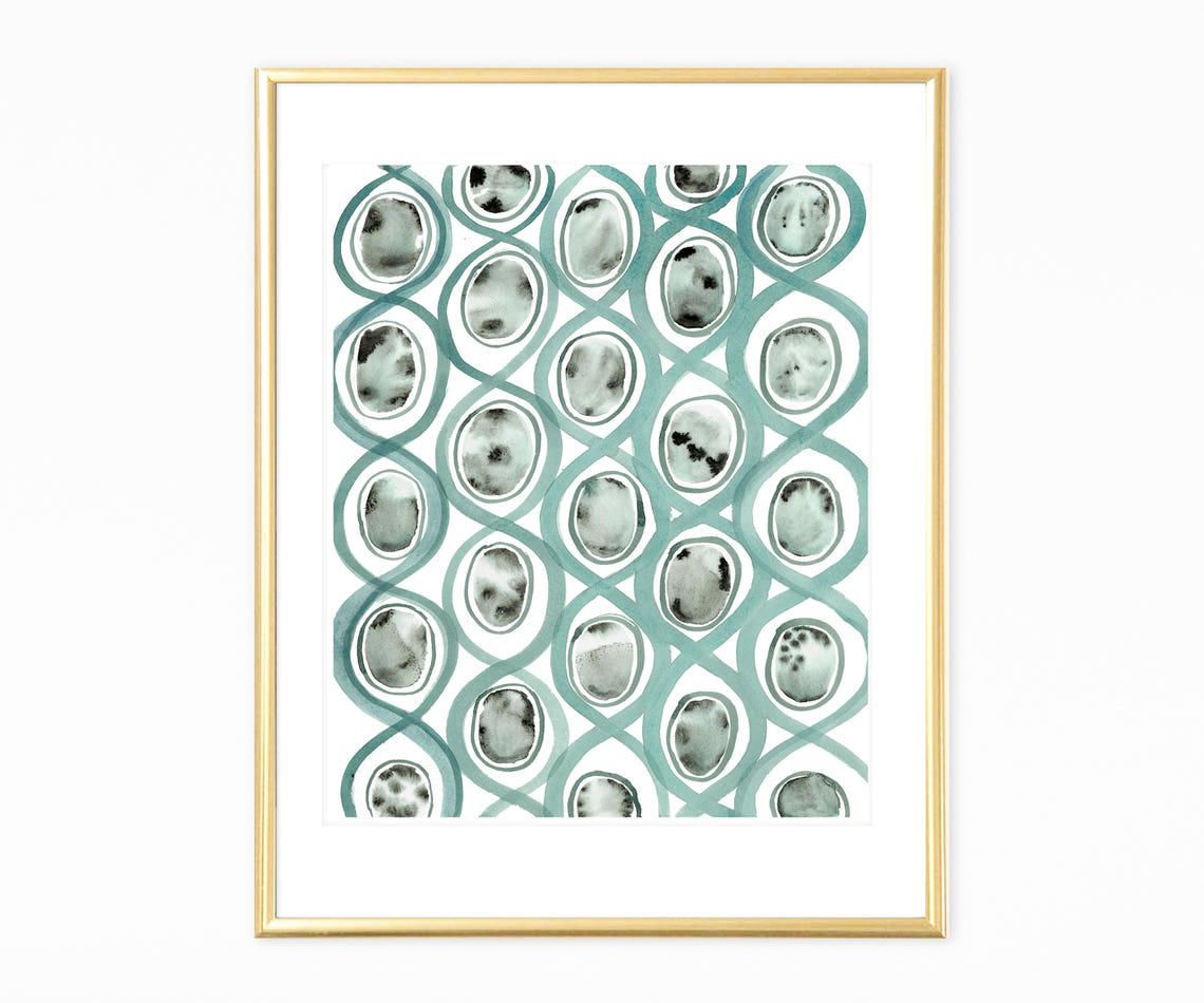 Teal Watercolor Lattice Pattern Interlocking Ovals Modern Wall Art - Image 2