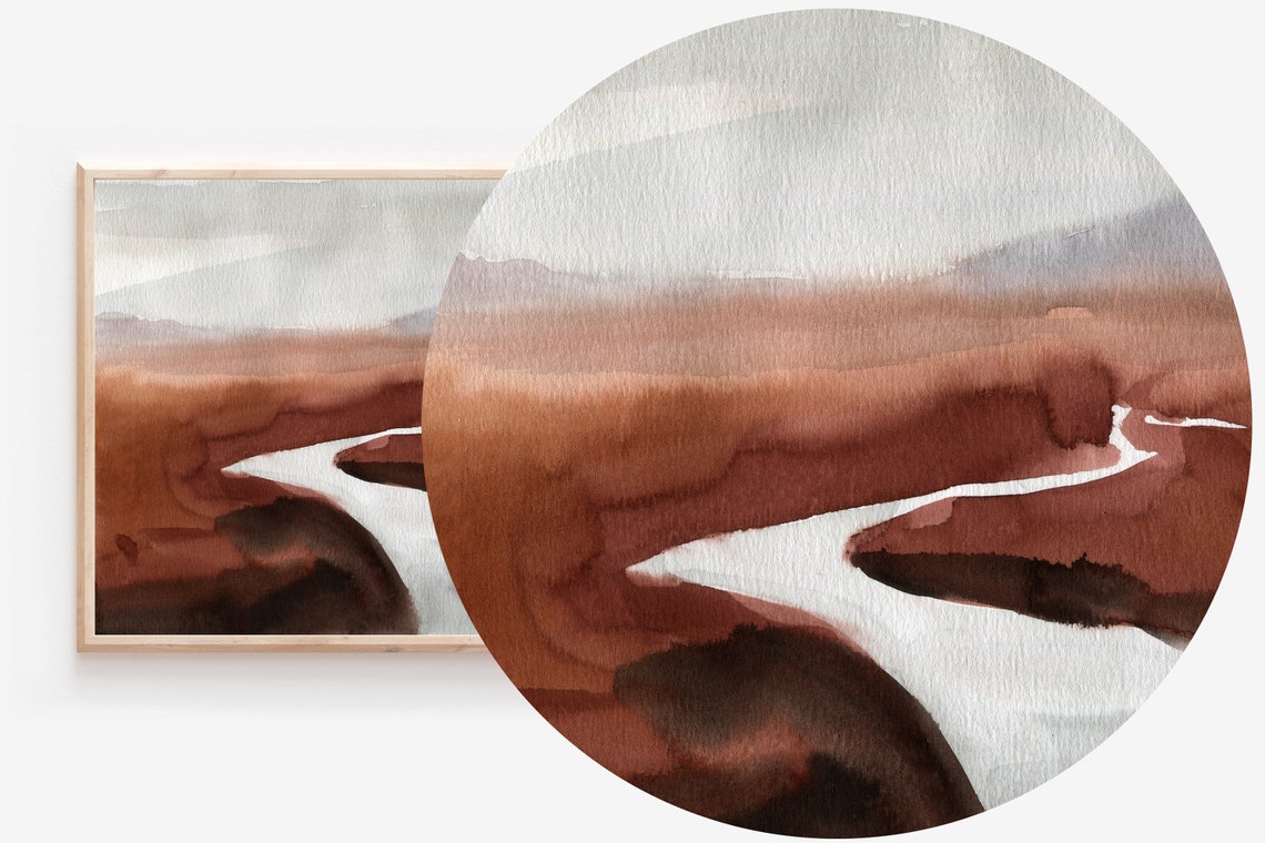 Abstract Watercolor Landscape Rust River Valley Burnt Orange Wall Art - Image 2