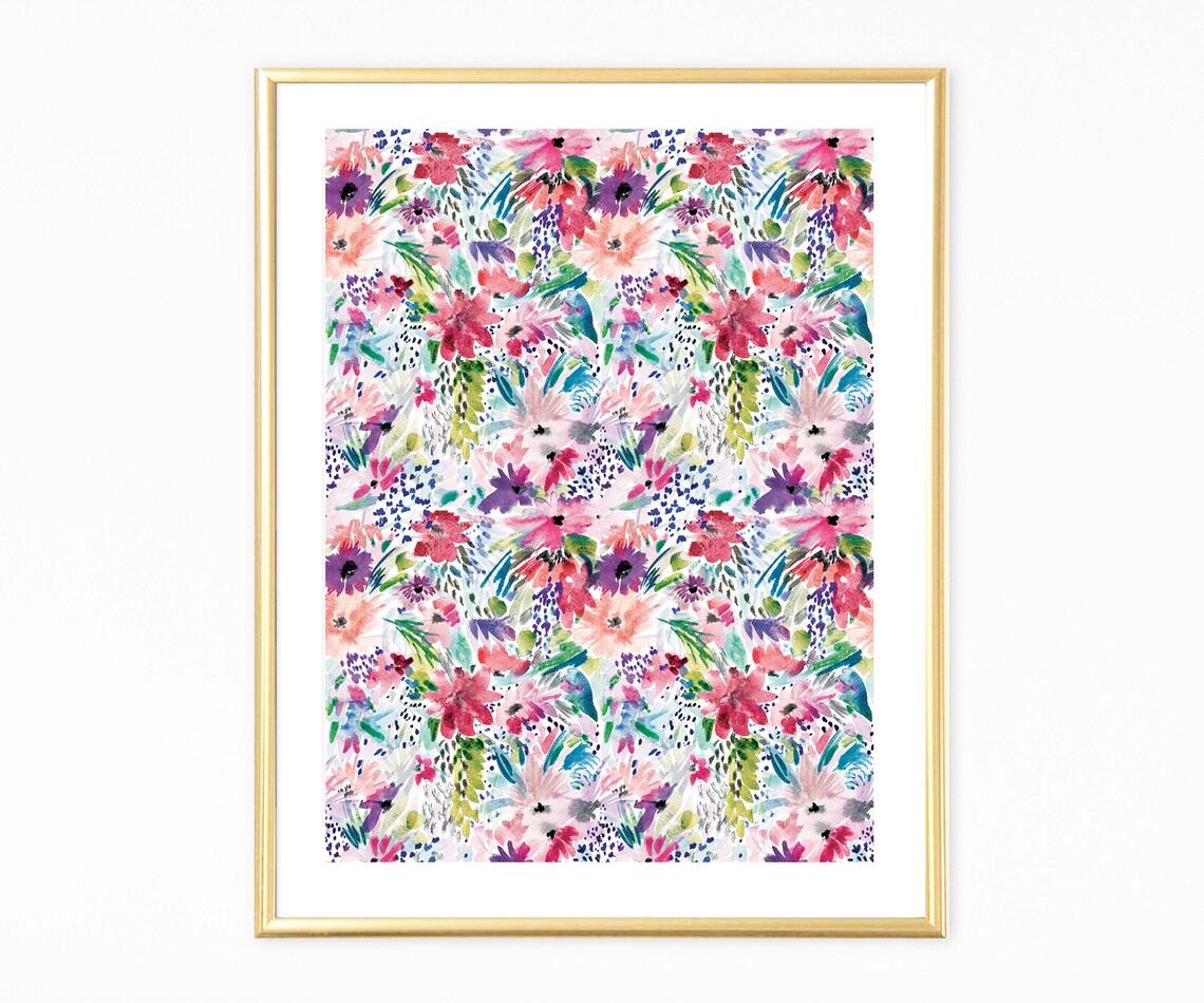 Colorful Watercolor Floral Pattern Pink Purple Teal Garden Art Print