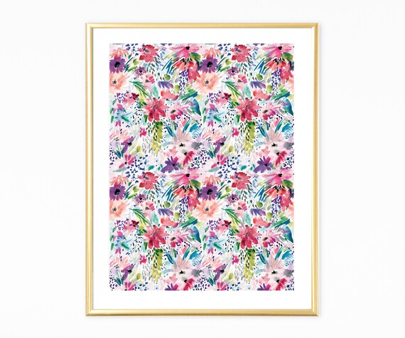 Colorful Watercolor Floral Pattern Pink Purple Teal Garden Art Print