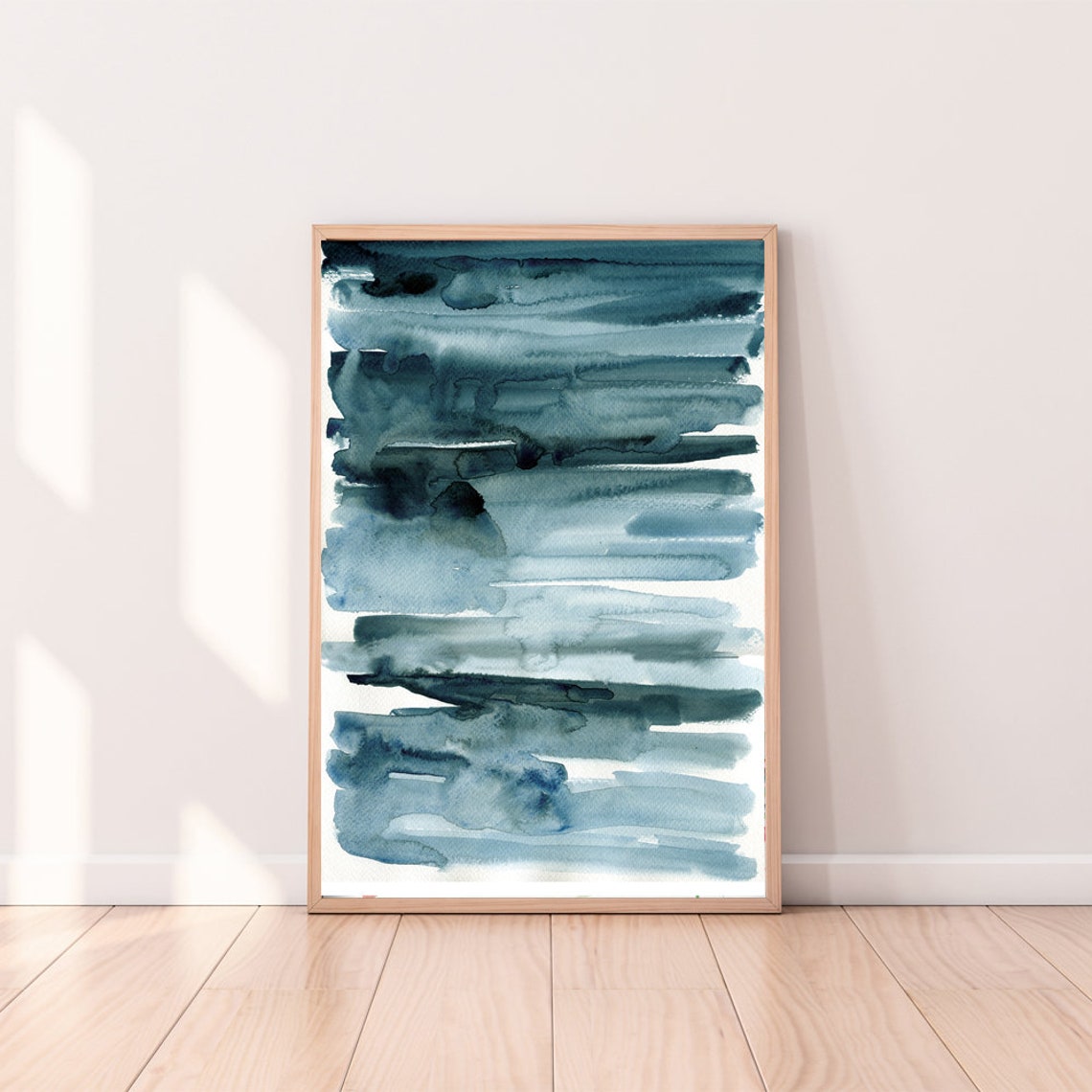 Navy Blue Abstract Watercolor Horizontal Brush Stroke Wall Art
