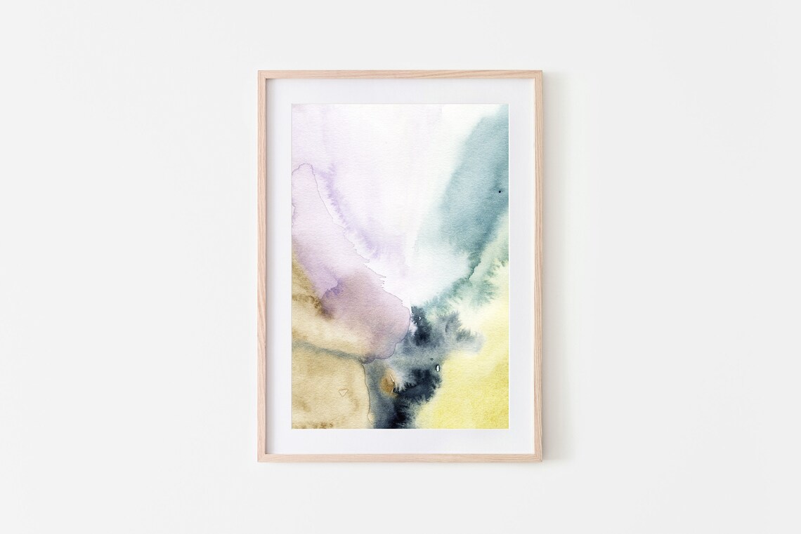 Neutral Pastel Abstract Watercolor Lavender Green Yellow Wash Wall Art