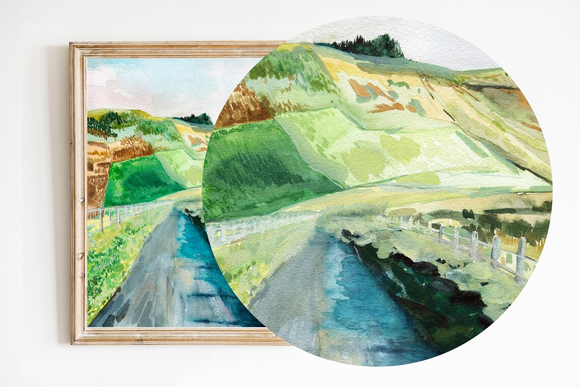 Country Road Watercolor Rolling Green Hills Countryside Poster - Image 2