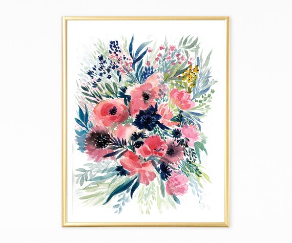 Coral Poppy and Navy Anemone Watercolor Floral Bouquet Art Poster