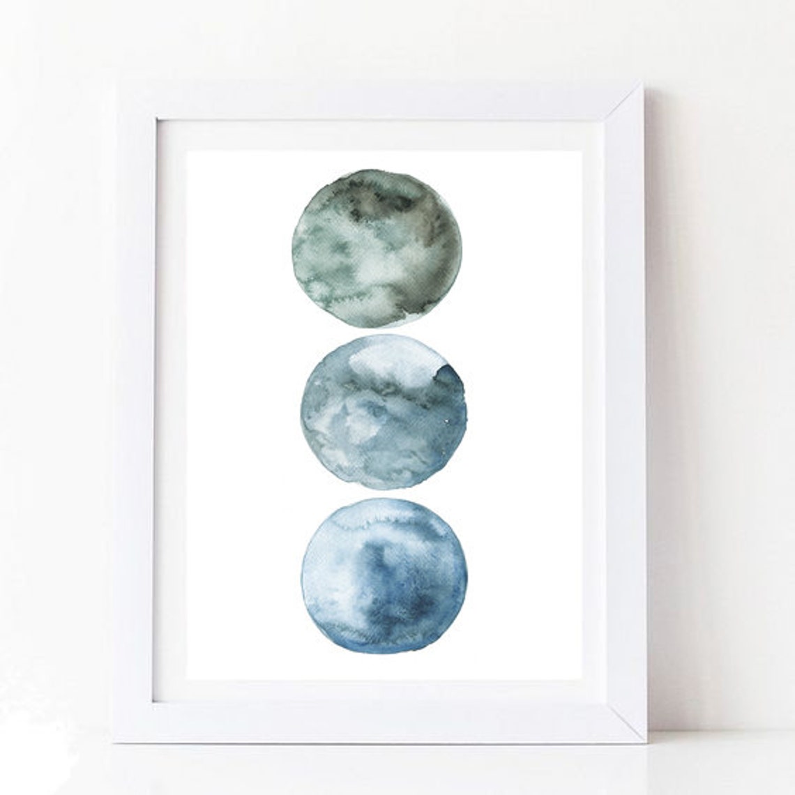 Three Watercolor Moons Sage Green and Blue Celestial Art Poster