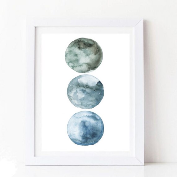 Three Watercolor Moons Sage Green and Blue Celestial Art Poster