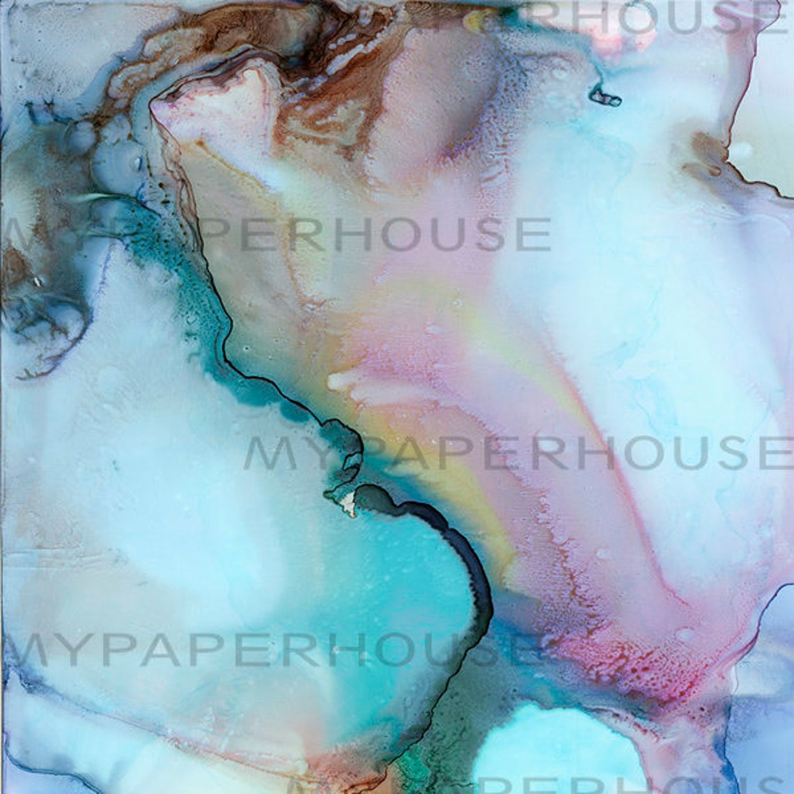 Alcohol Ink Abstract Marble Swirl Blue Purple Turquoise Fluid Wall Art - Image 2
