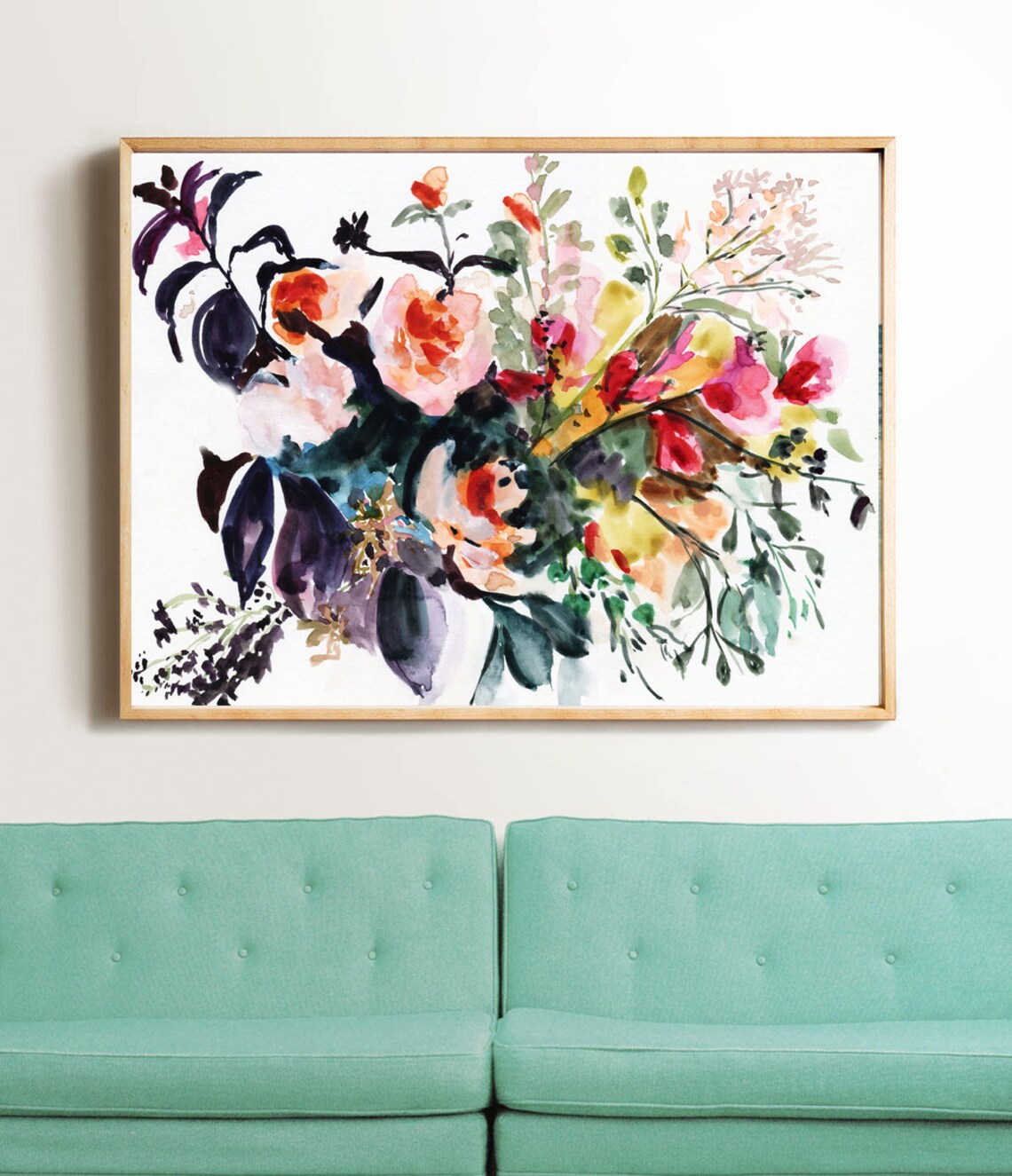 Loose Floral Bouquet Watercolor Art Pink Coral Blooms Garden Wall Art - Image 2