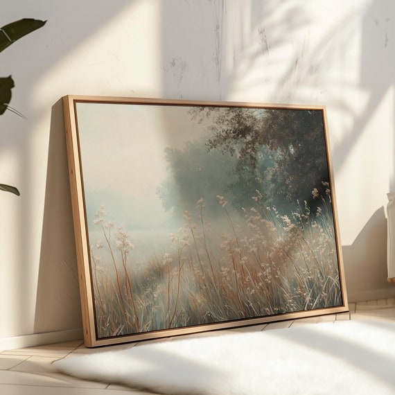 Serene Misty Meadow Wall Art Print Minimalist Landscape Painting Neutral Nature Inspired Decor For Rustic Or Modern Home