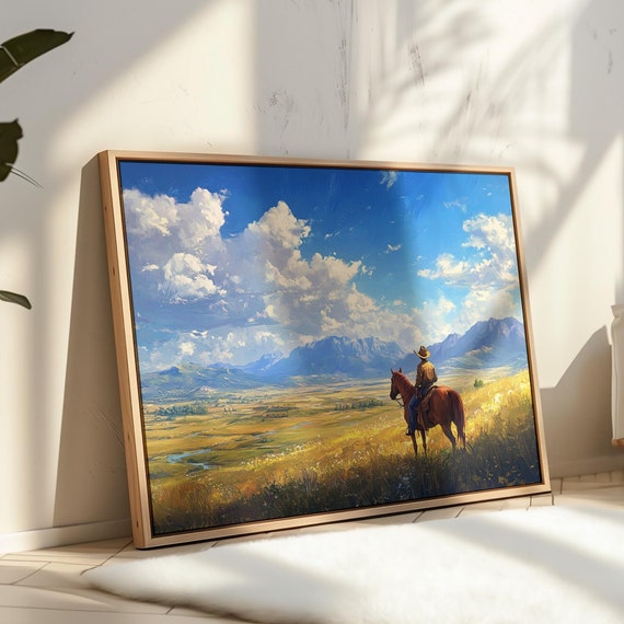 Cowboy On Horseback Western Art Vast Prairie Landscape Print Rustic Ranch Decor Open Range Country Painting
