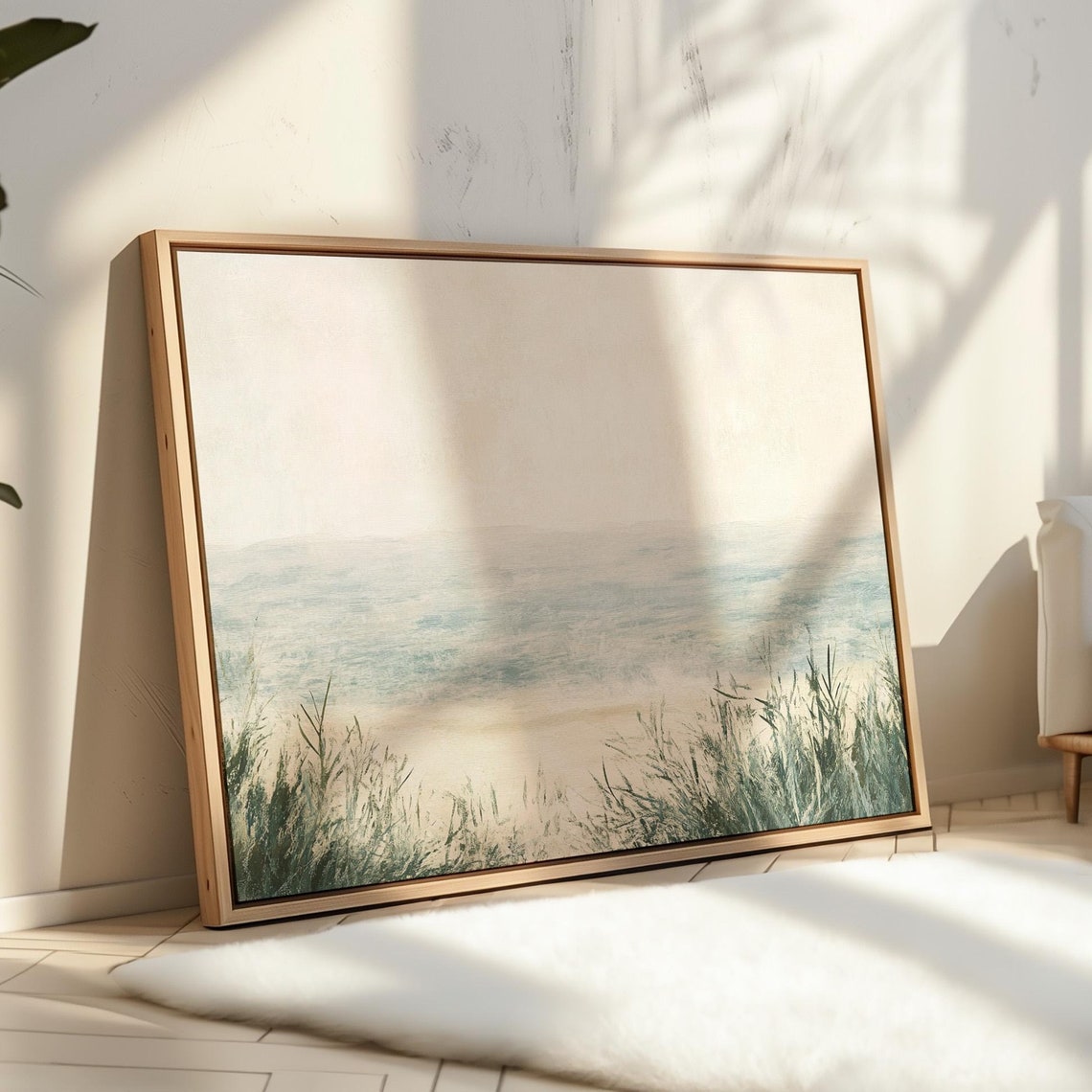 Minimalist Pale Ocean Landscape With Beach Grass Serene Sea View Print