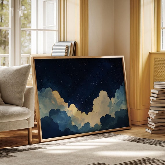 Dreamy Night Sky Print Celestial Cloudscape Art Starry Night Wall Decor Atmospheric Midnight Illustration