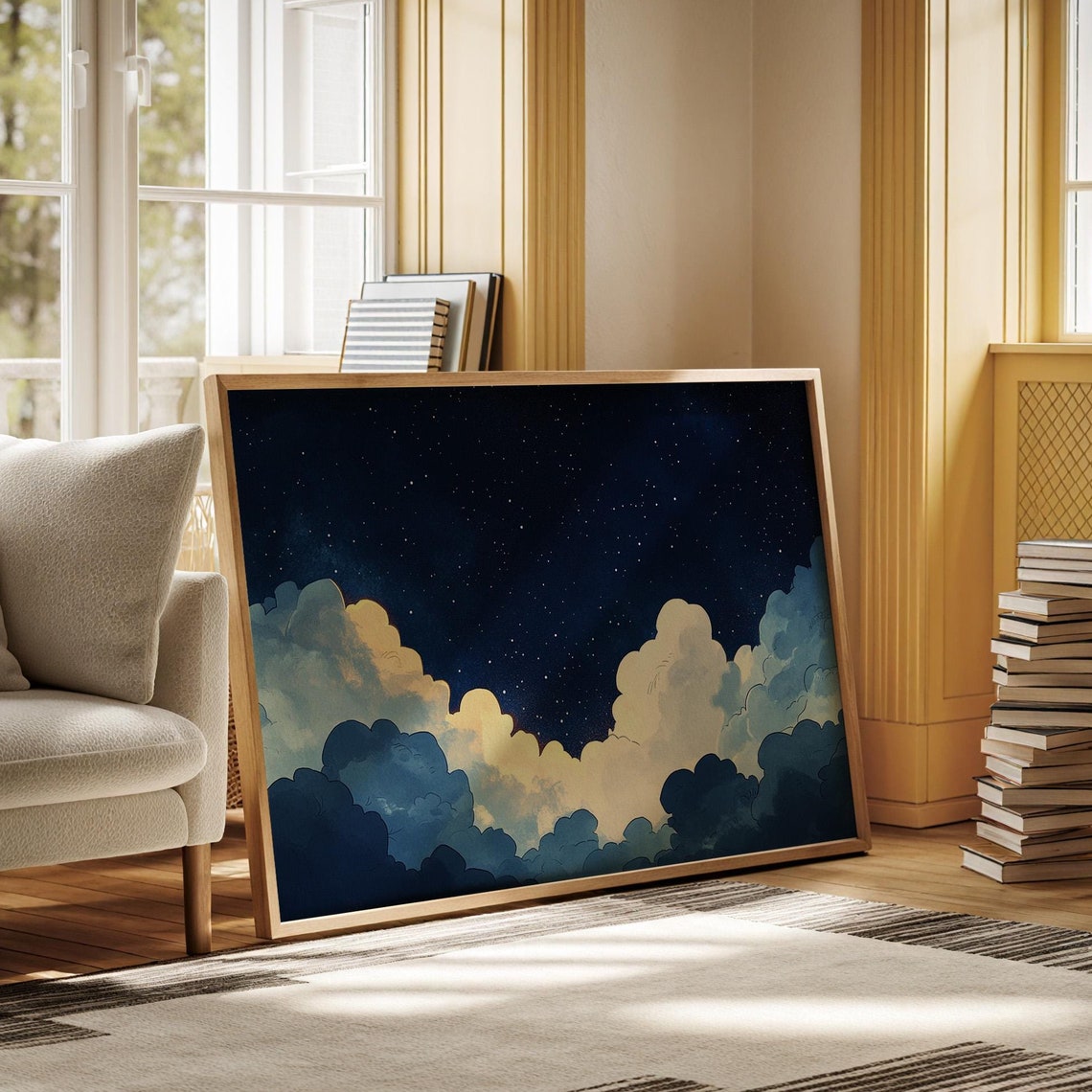 Dreamy Night Sky Print Celestial Cloudscape Art Starry Night Wall Decor Atmospheric Midnight Illustration