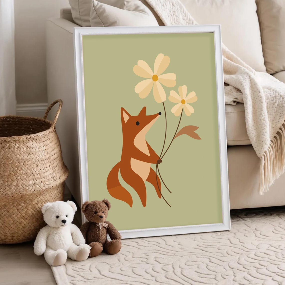 Cute Orange Fox Holding Cream Flowers Sage Green Nursery Poster