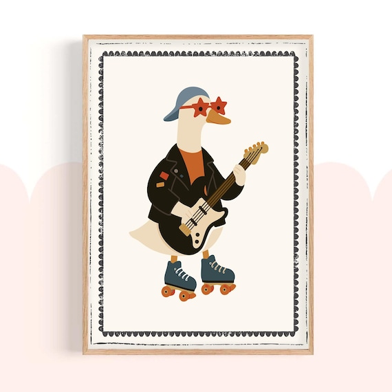Rockstar Duck Guitar Player Funny Nursery Poster for Kids Room