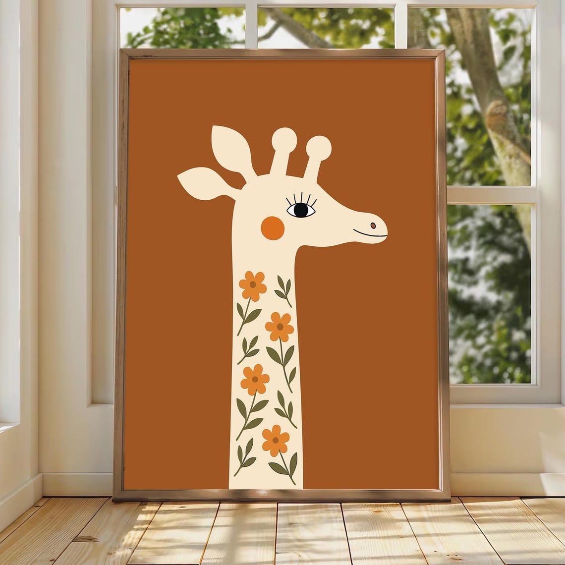 Adorable Giraffe Nursery Poster Floral Neck on Terracotta Background