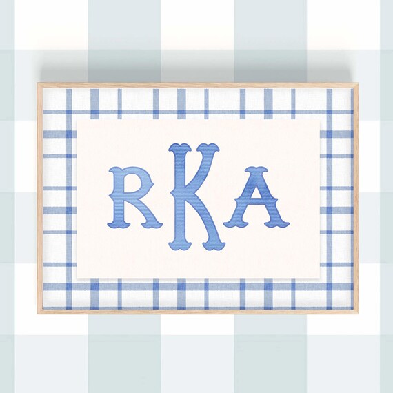 Classic Blue Gingham Monogram RKA Nursery Baby Initial Art Poster