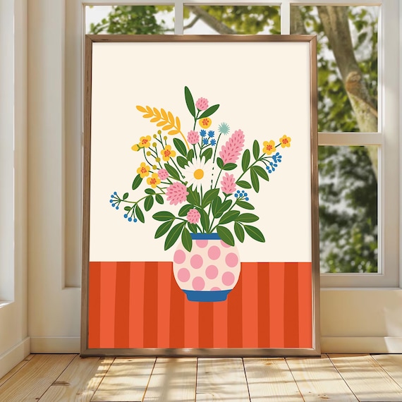 Wildflower Bouquet in Polka Dot Vase Cheerful Floral Decor Poster