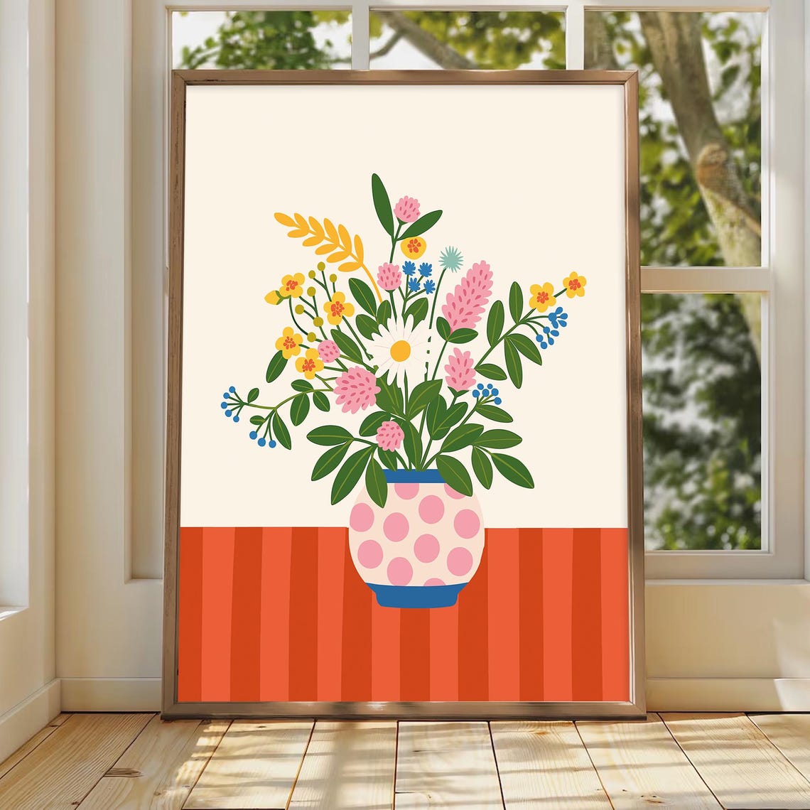 Wildflower Bouquet in Polka Dot Vase Cheerful Floral Decor Poster