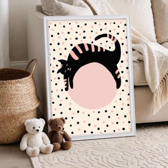 Playful Black Striped Cat Pink Circle Polka Dots Kids Nursery Wall Poster