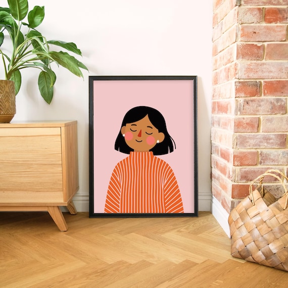 Smiling Girl in Striped Sweater Modern Illustration Decor Poster