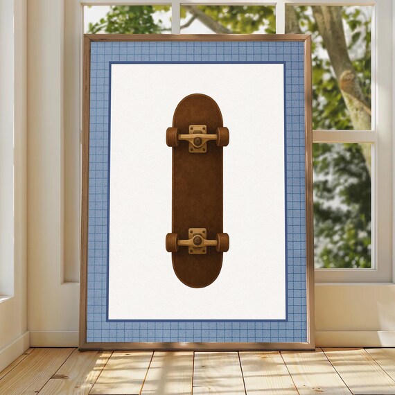 Retro Brown Skateboard Centered in Navy Border Sports Poster