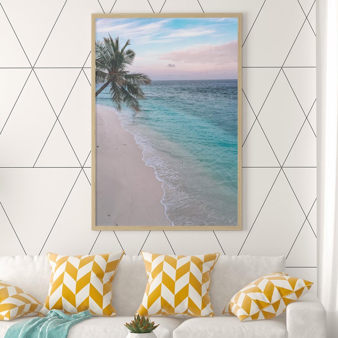 Pastel Beach Print Sunrise Wall Art Palm Tree Poster Ocean Sunset Coastline Office Decor