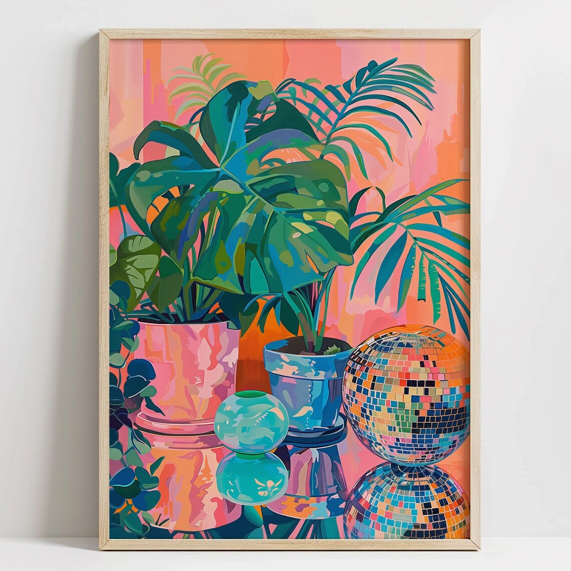 Colorful Disco Ball and Houseplants Still Life Preppy Art Poster