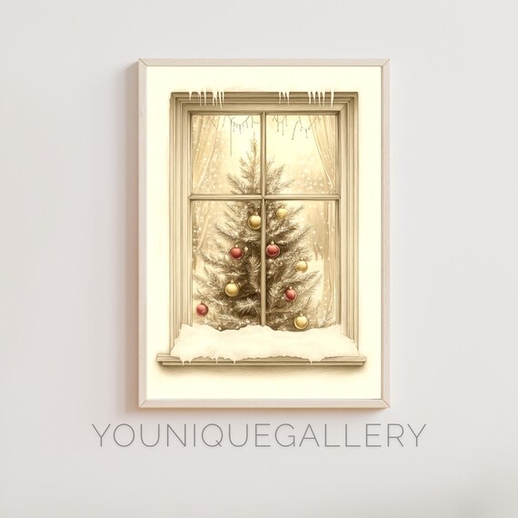 Christmas Tree Through Frosty Window Snowy Holiday Art Poster