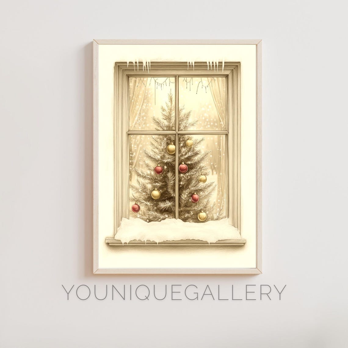 Christmas Tree Through Frosty Window Snowy Holiday Art Poster